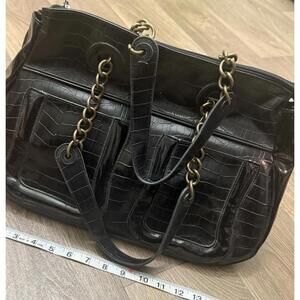 Metro7 Croc Embossed Shoulder Bag Gold Tone Chain And Accents